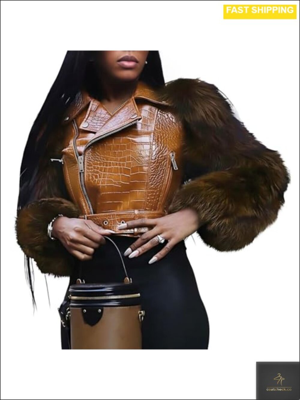 Faux Leather Cropped Moto Jacket with Faux Fur Sleeves